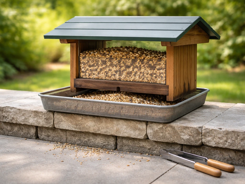 Backyard bird feeder on a low platform with a catch tray and clean ground to reduce spilled seed.
