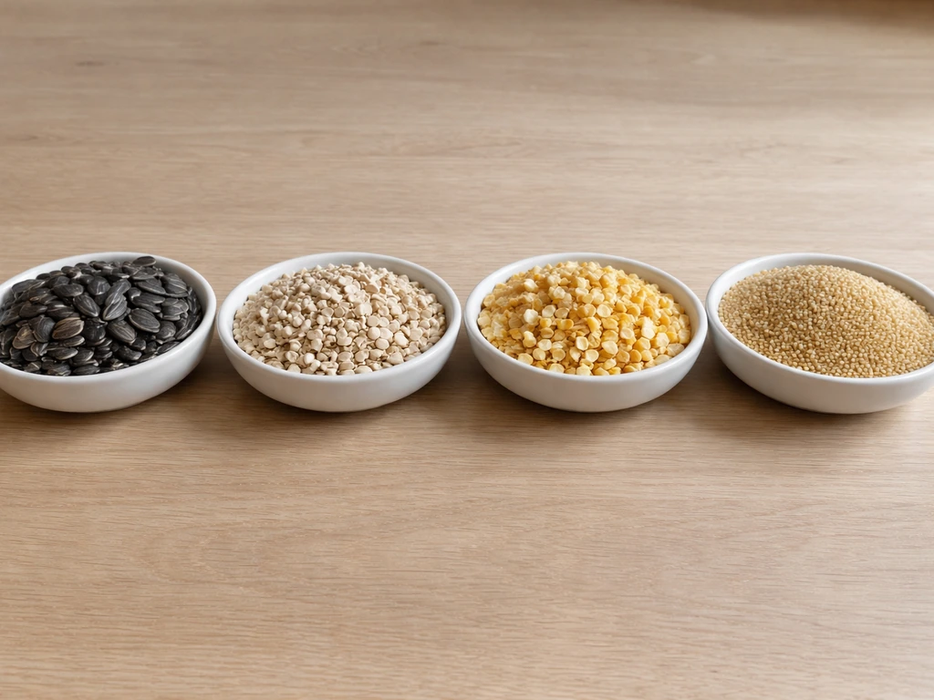 Minimal lineup of pigeon-friendly seeds—black oil sunflower, hulled chips, cracked corn, and millet—in separate piles.