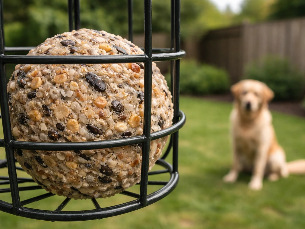A suet bird fat ball on an outdoor feeder with a nearby dog safely kept away.