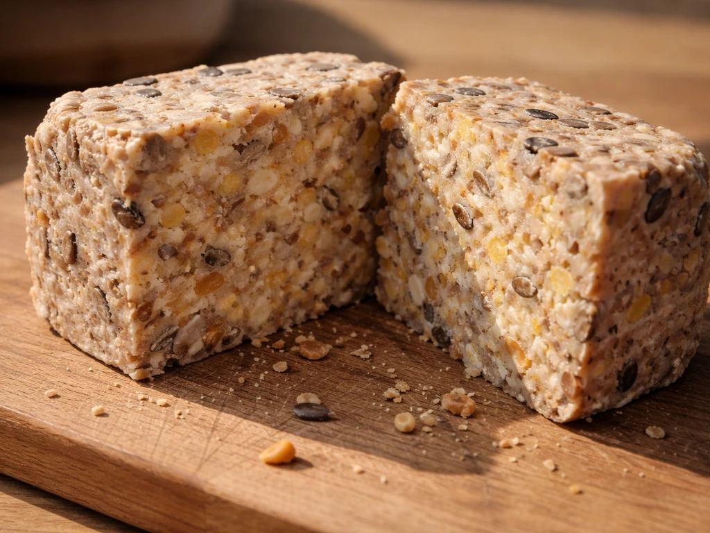 Cut-open suet block showing rendered animal fat marbled with visible seed bits on a wooden board.