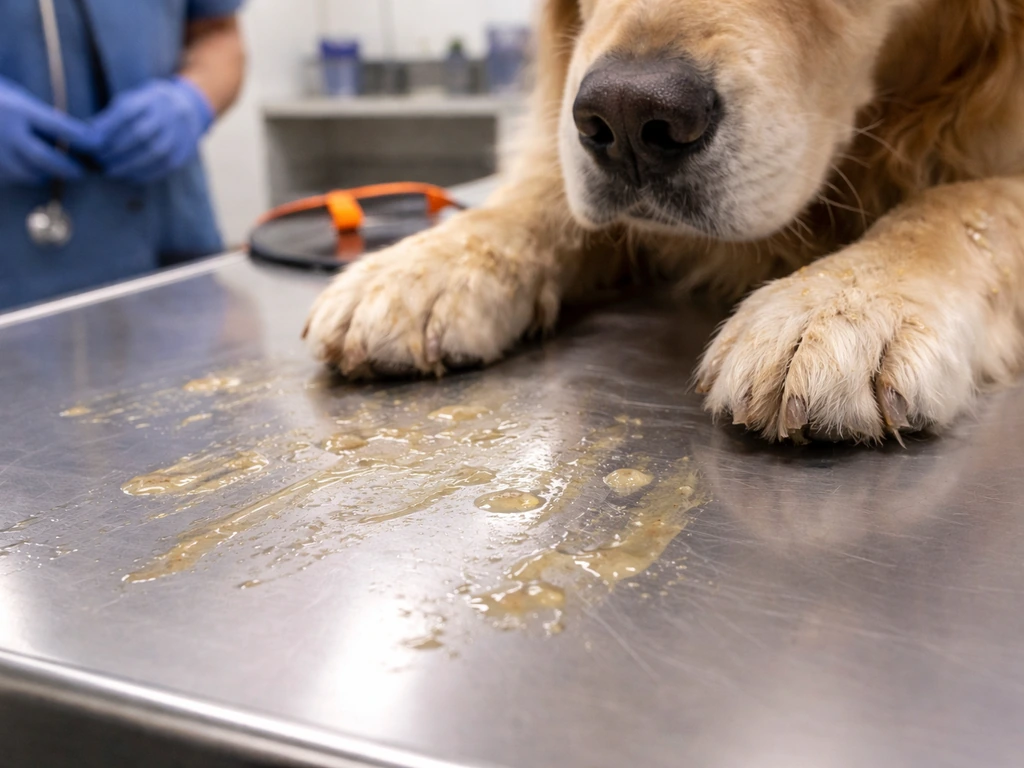 Greasy animal-fat smears on a dog’s muzzle and paws on a vet exam table, suggesting pancreatitis risk.