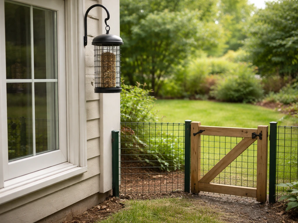 Dog-proof window-mounted bird feeder on a high ledge with a blocked garden edge behind a dog fence.