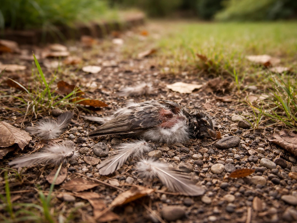 Feather scatter and partial small-bird remains in a backyard on natural ground cover after a hunt
