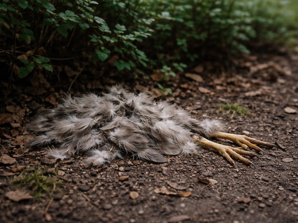 Close-up of scattered feathers and partial remains near low shrub cover at a sparrowhawk kill site.