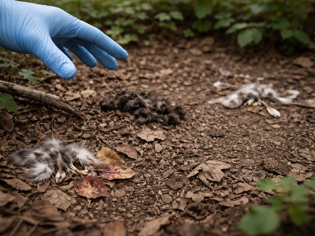 Field photo showing separated predator remains: small feather tufts near a hawk perch and cat scavenging fur by a hedge