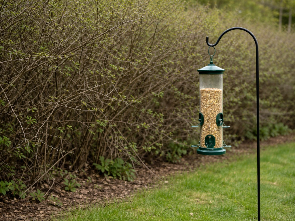 Small bird feeder near dense hedges/thorny shrubs, suggesting quick escape cover for birds.