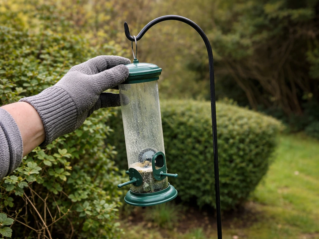 A bird feeder is being taken down from a garden hook while shrubs nearby provide cover for birds.