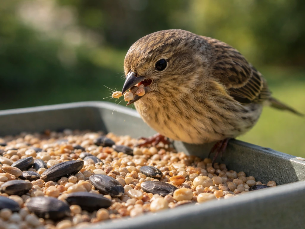 Wild bird close-up perched at a seed feeder, feeding and appearing slightly full