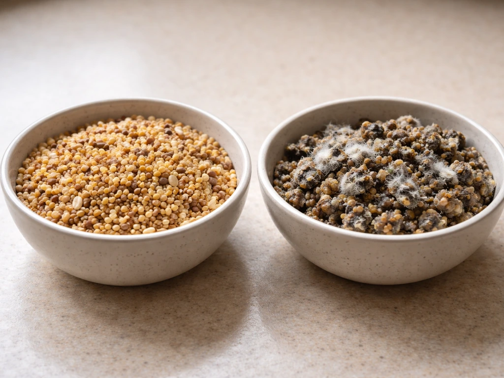 Side-by-side bowls of dry bird seed versus damp, moldy clumped seed with visible contamination.