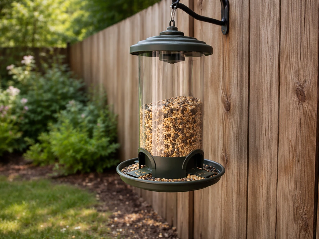 Close-up of a partially filled hanging bird feeder on a fence with seeds below in a quiet yard.