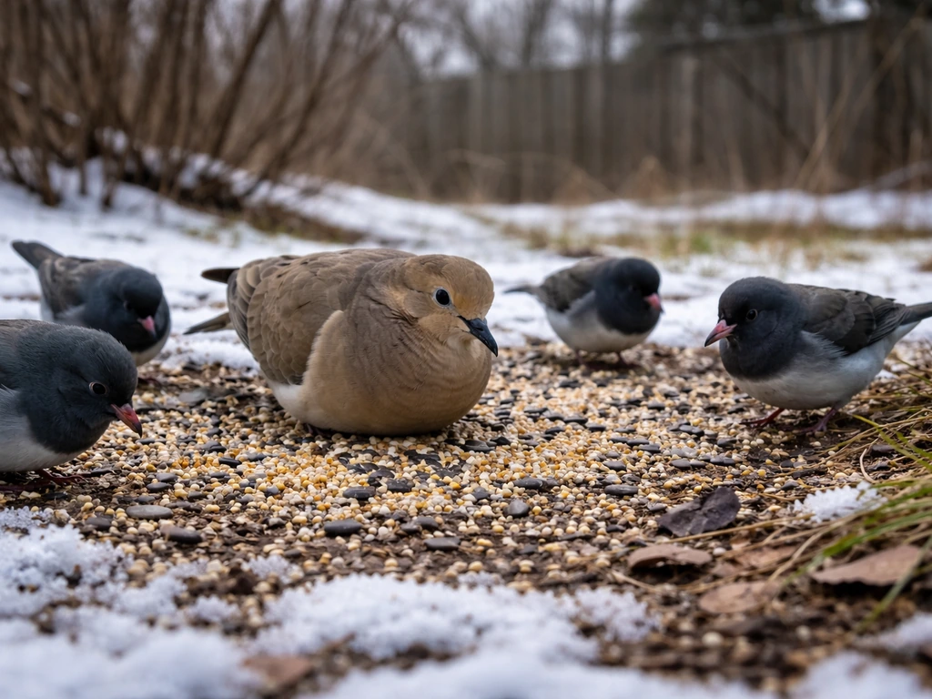 Mourning dove and juncos pecking scattered seed on a backyard lawn with winter light