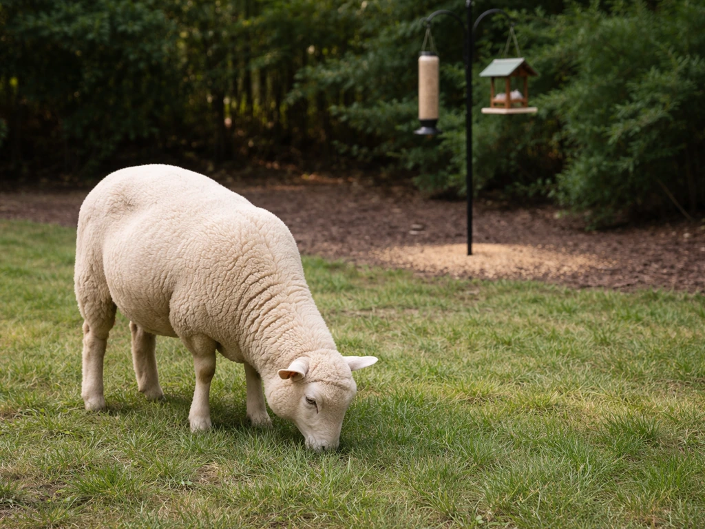 A sheep grazing in the foreground while spilled bird seed near a feeder sits in the background.
