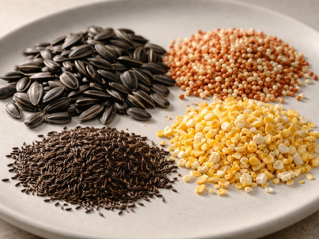 Close-up of mixed bird seed—sunflower, millet, cracked corn, and nyjer/thistle—poured on a neutral surface.