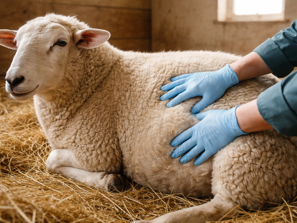 Vet’s gloved hands gently palpate a sheep’s left flank in a quiet barn stall.