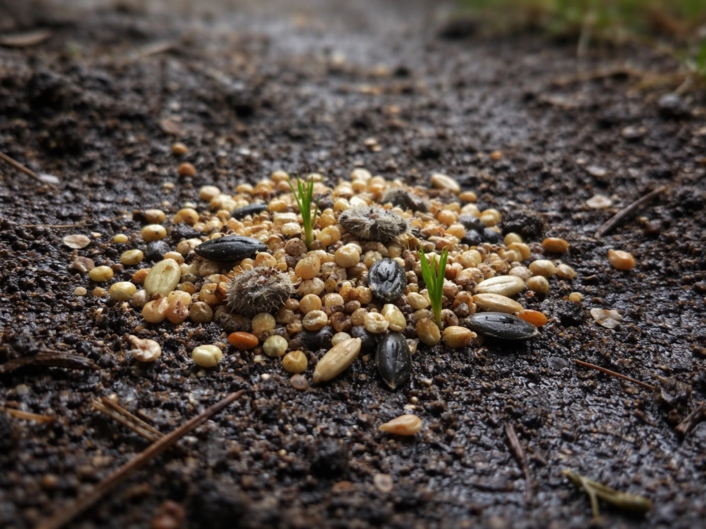 Spilled bird seed on damp soil with a few green sprouts, showing early mold risk.