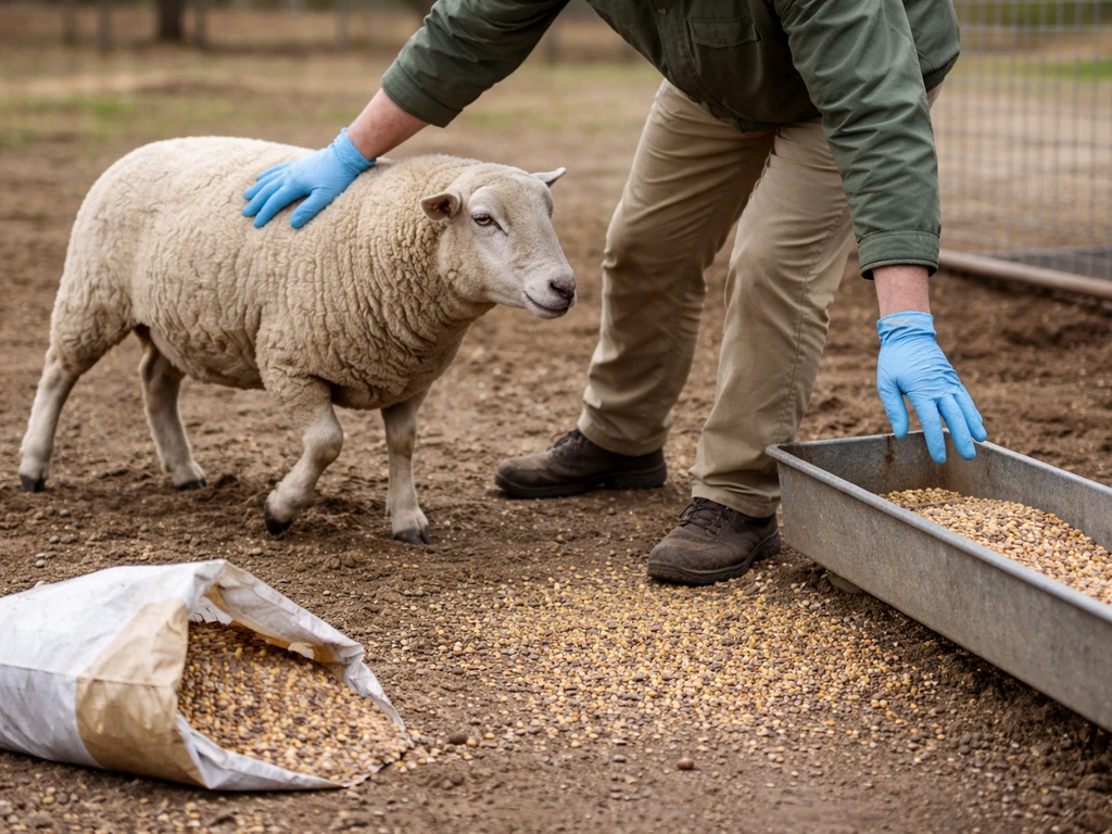 Gloved handler guiding a sheep away from a spilled pile of bird seed near a feeder and seed bag