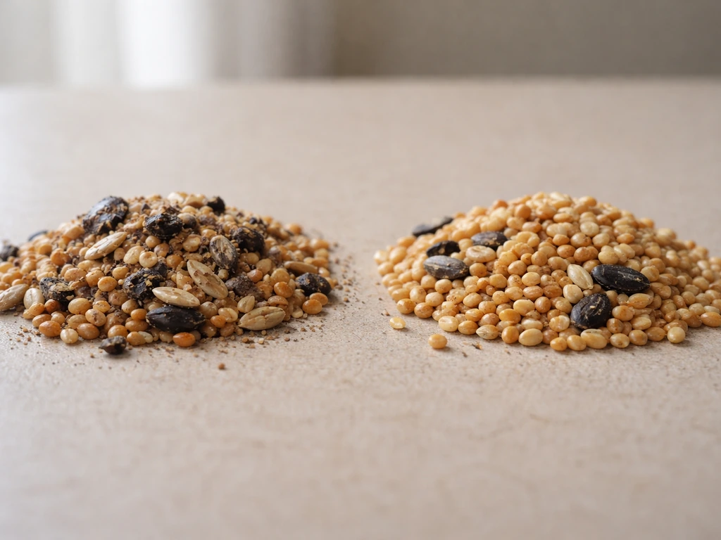 Close-up of damp moldy bird seed beside dry fresh seed, showing the risk contrast for young birds.