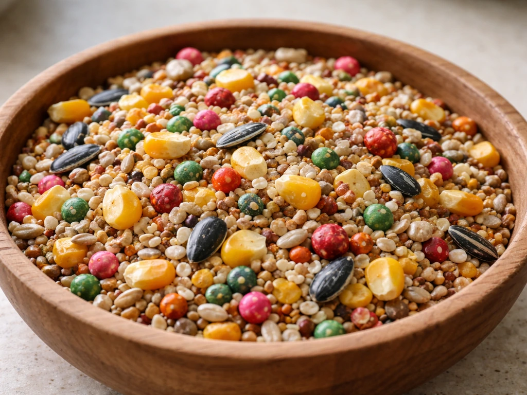 Close-up of mixed bird seed blend with cracked corn pieces, small coated/dyed seeds, and filler grains