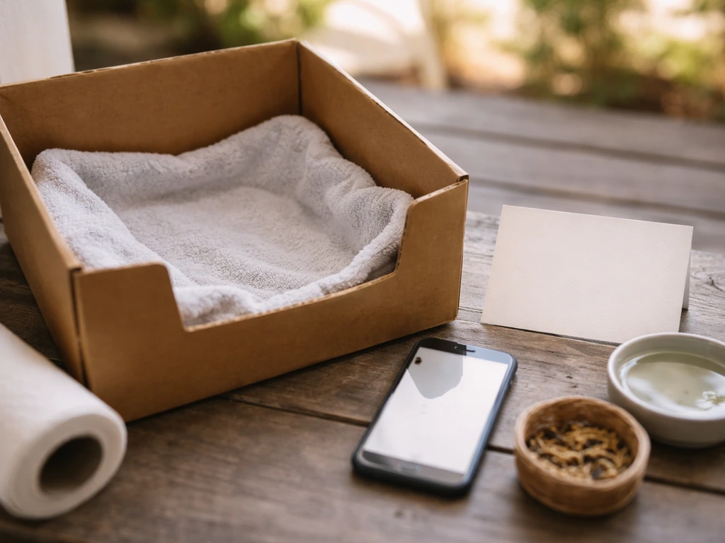Towel-lined box for temporary shelter beside a blank note and phone, showing safe interim help for a found fledgling.