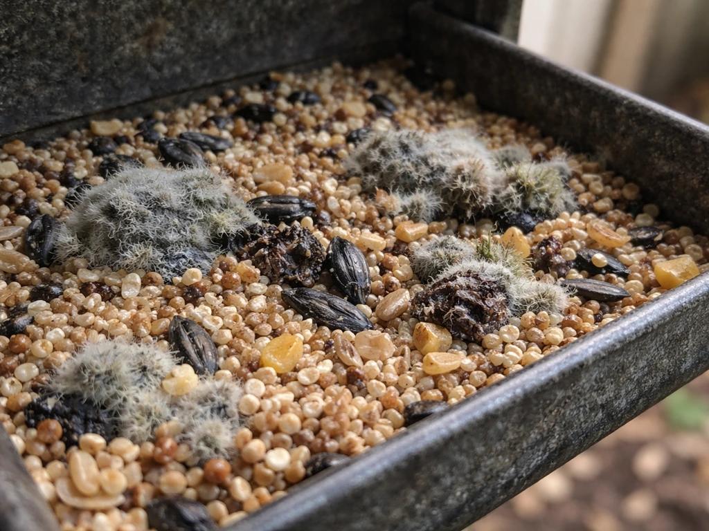 Close-up of damp, moldy bird seed clumps in a metal feeder tray, showing spoilage from moisture.