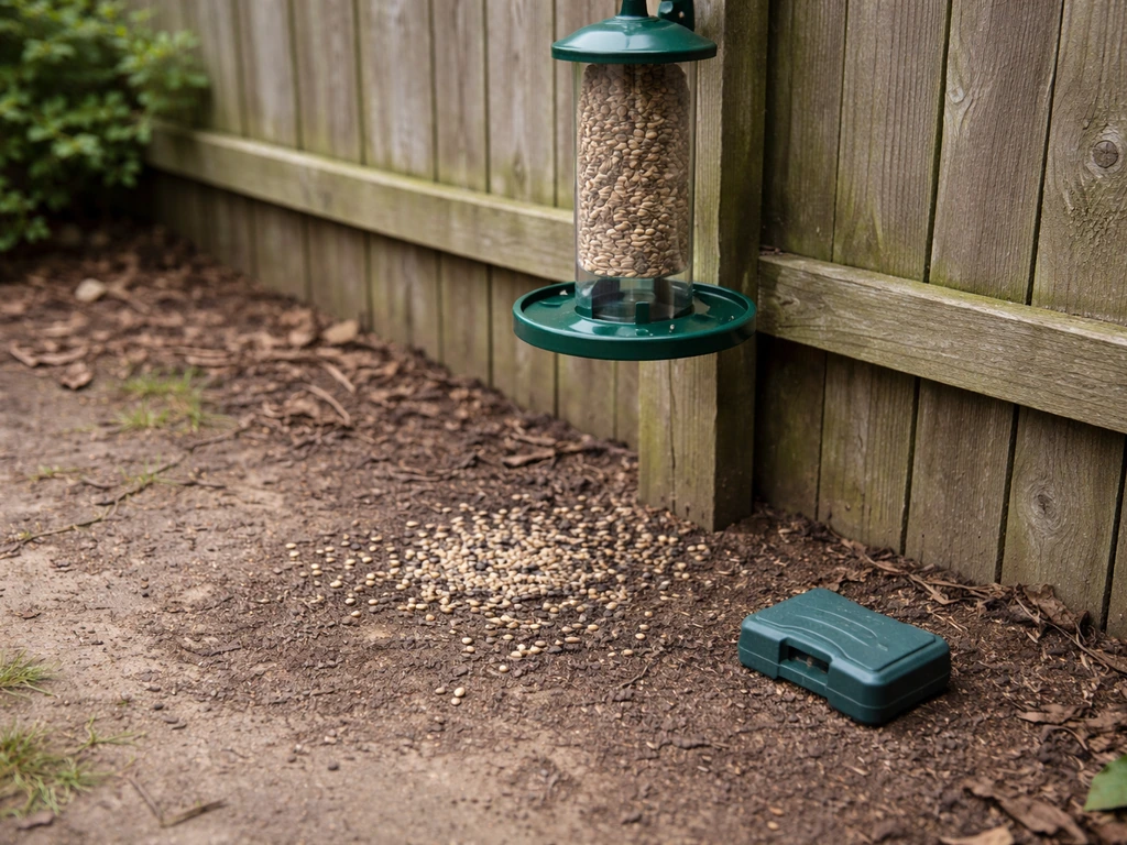 Bird feeder with scattered seed on the ground and a small covered rodenticide bait block nearby.
