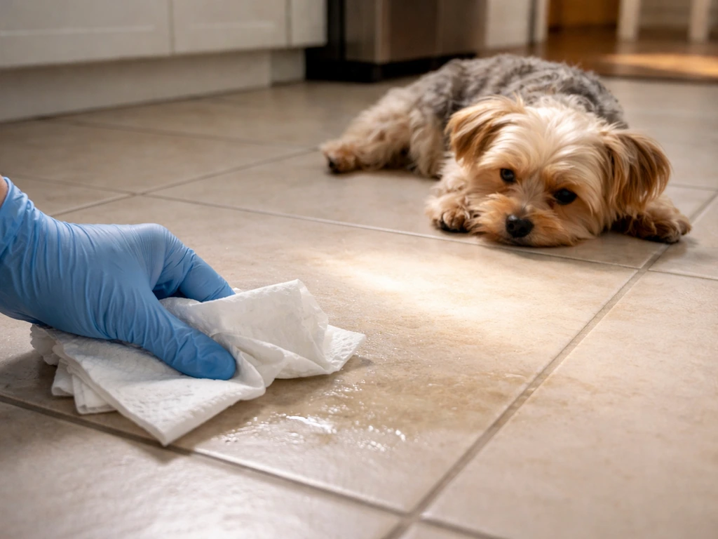 Close-up of a small dog at home with a caregiver beside a cleaned floor after possible stomach upset