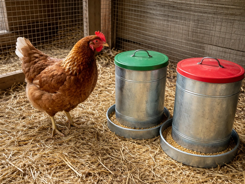 Brown laying hen near two distinct feed containers in a simple coop with straw and natural light.
