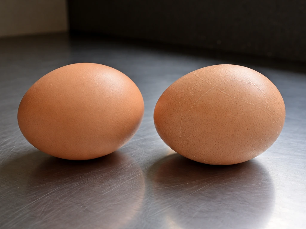 Two close-up eggs: one from a high-calcium layer diet with a thick shell, one thinner and more fragile.