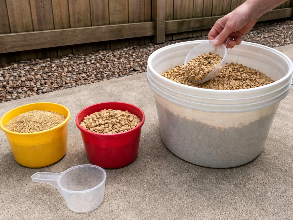 Measuring scoop and buckets showing a simple 75/25 gradual layer-to-meat-bird feed mix on a patio.