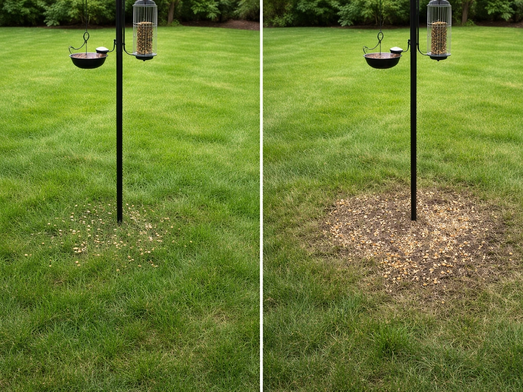 Before-and-after lawn patch under a bird feeder showing grass damaged by spilled bird seed