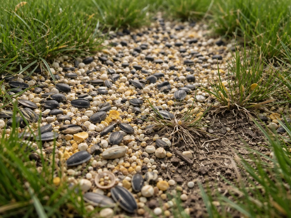 Spilled bird seed and hulls on grass, with yellowing and thinning areas from smothering.