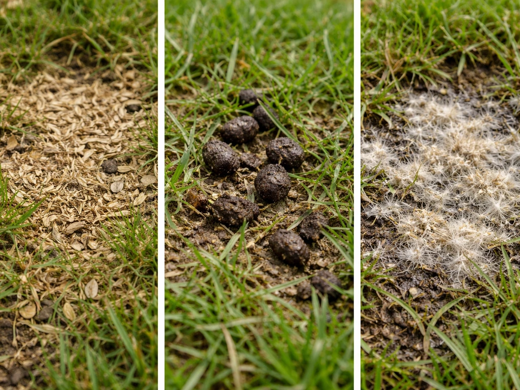 Three close-up lawn symptom panels showing seed smothering, animal droppings, and moldy clumped seed area.