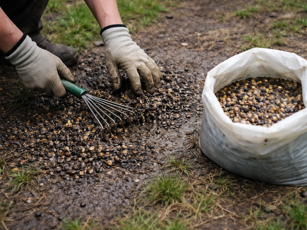Gloved hands raking spilled seed hulls into a bag beside a small damaged patch of ground.