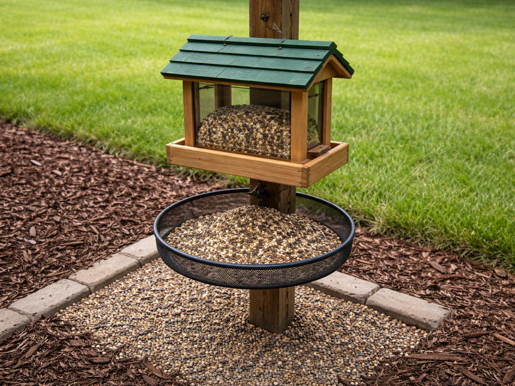 Bird feeder mounted above a gravel pad with a seed-catching tray preventing spilled seed on grass