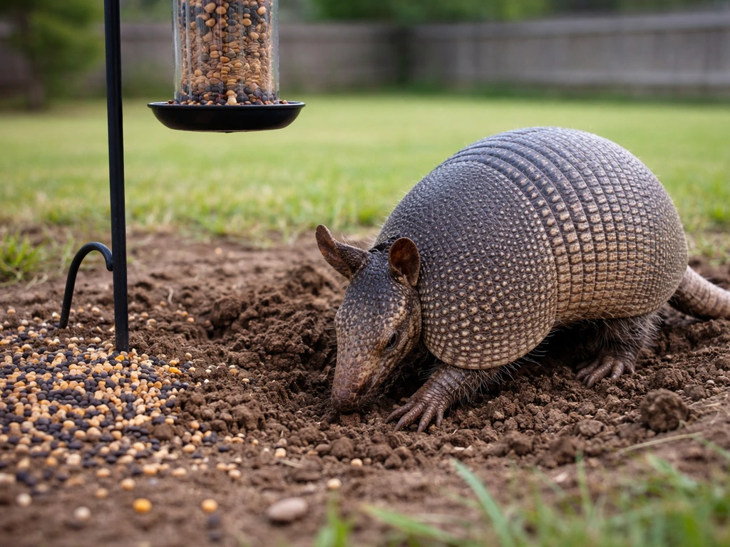 An armadillo digging near a bird feeder with spilled bird seed on the ground in a quiet yard.