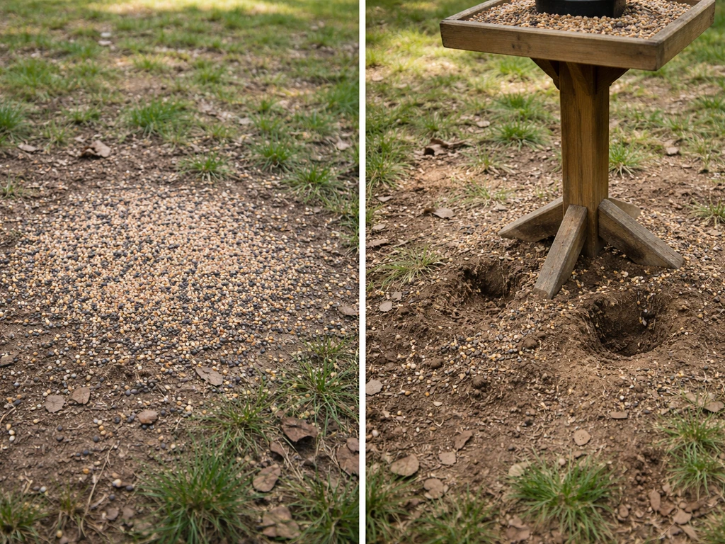 Birdseed scattered on the ground beside small digging pits under a backyard bird feeder.