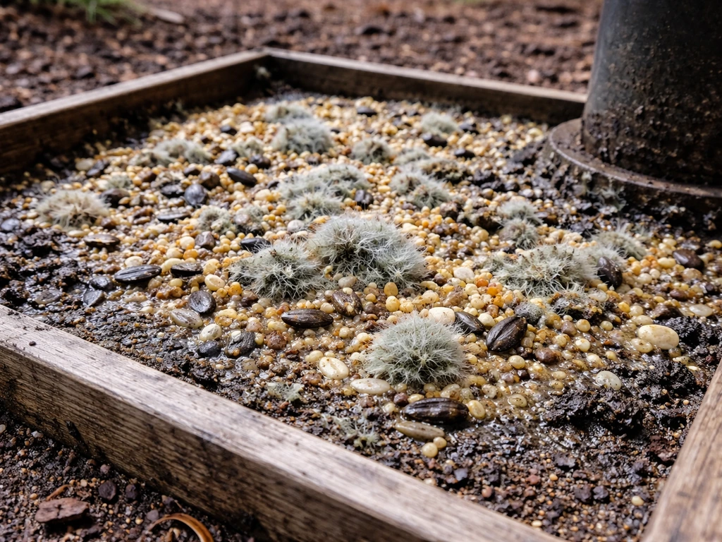Close-up of moldy, damp spilled bird seed under a feeder on wet soil.