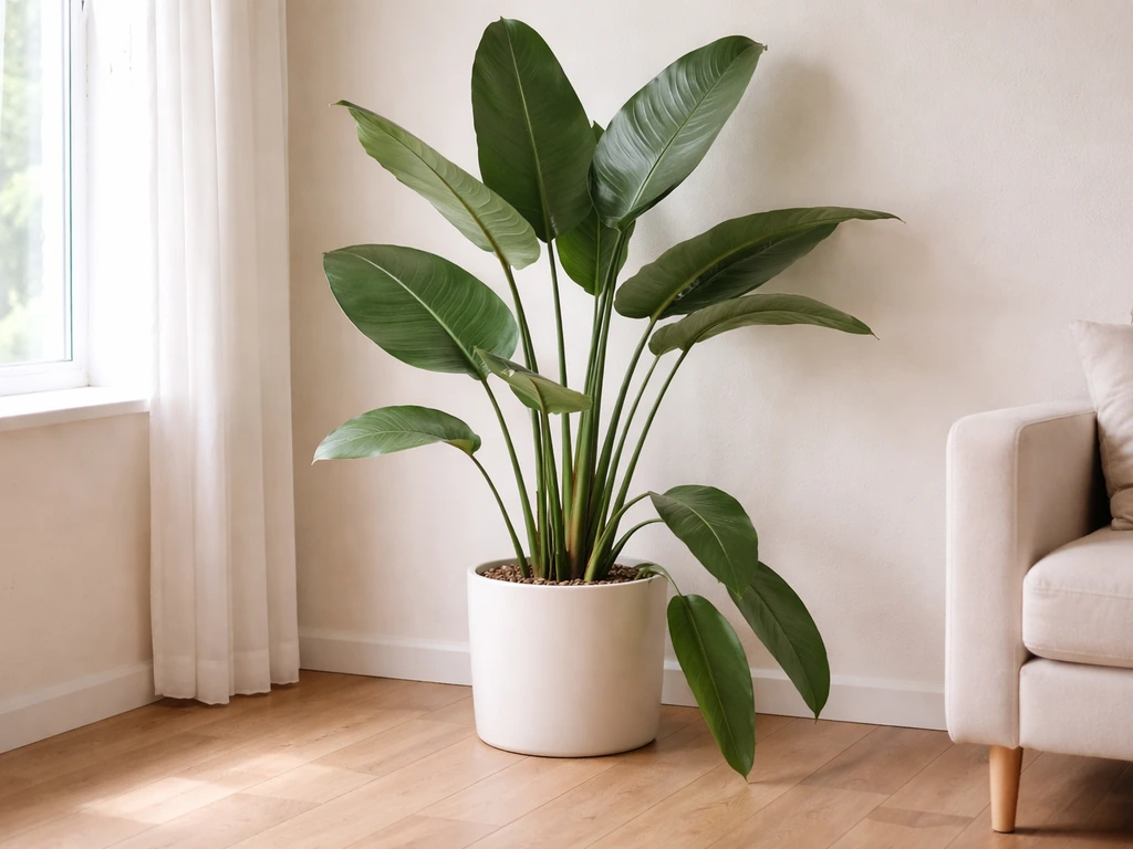 White bird of paradise plant in a bright home corner with leaves within easy reach near the floor.