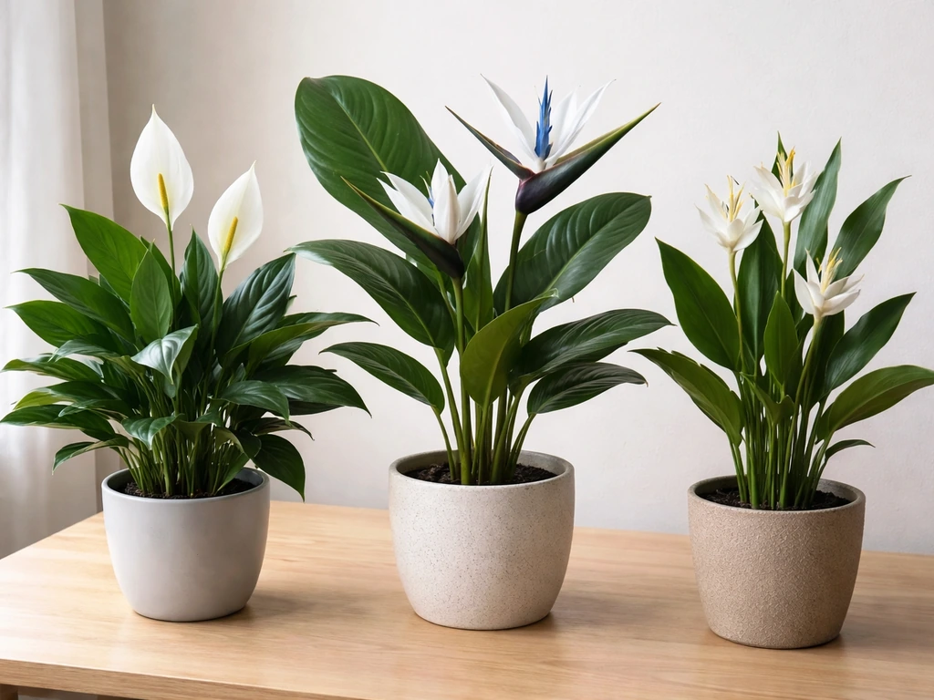Three potted indoor plants side-by-side with different leaf shapes and white blooms on a wooden table.
