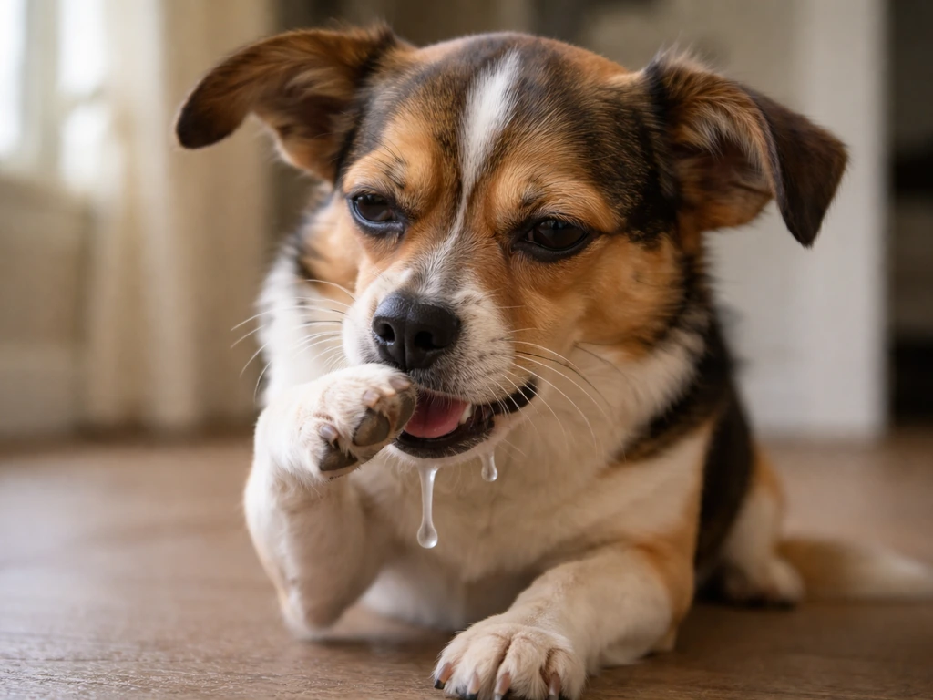Small dog pawing at its mouth with drooling and a tense retching posture indoors.