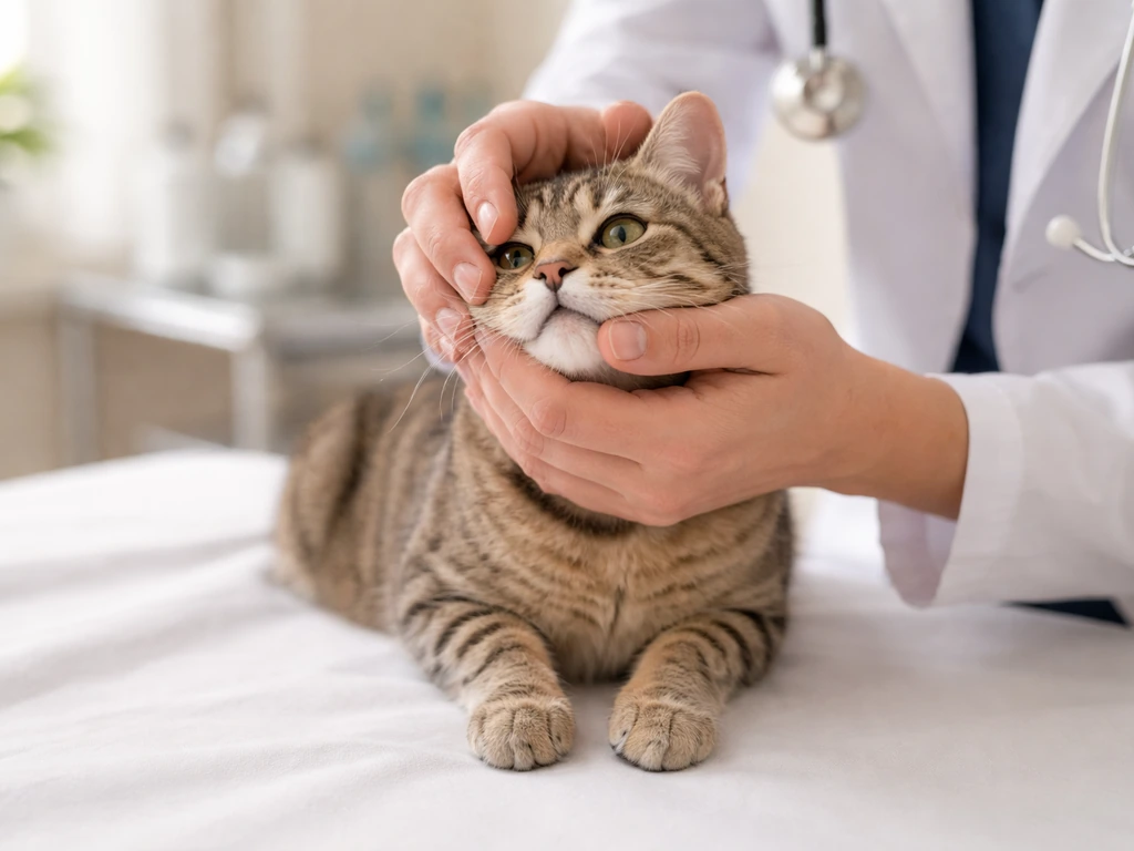 Vet gently checks a cat’s mouth and throat on an exam table in a quiet clinic room.