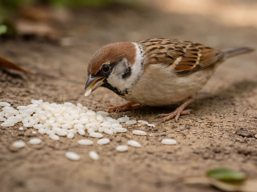 Small wild bird pecking rice grains on the ground, no explosion or harm, myth shown as false.