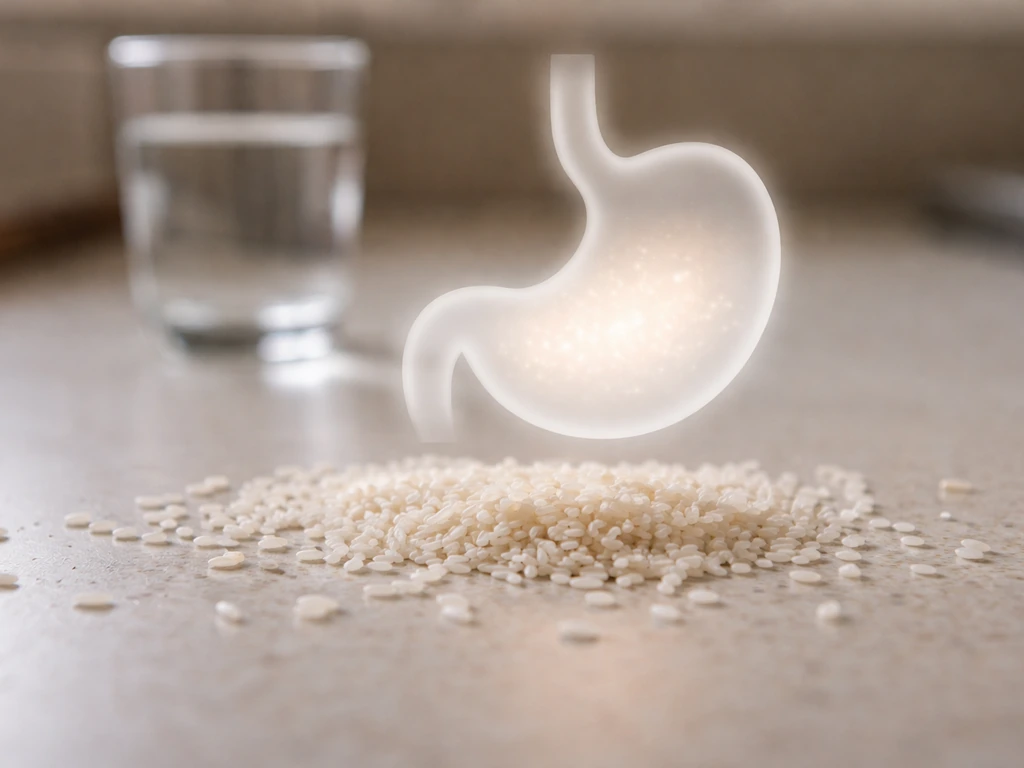 Uncooked rice and a glass of water with a subtle stomach-shaped overlay implying rice expansion.