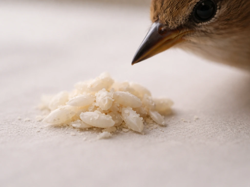 Close-up of a small bird beak near a few dry clumped rice grains on a neutral surface.