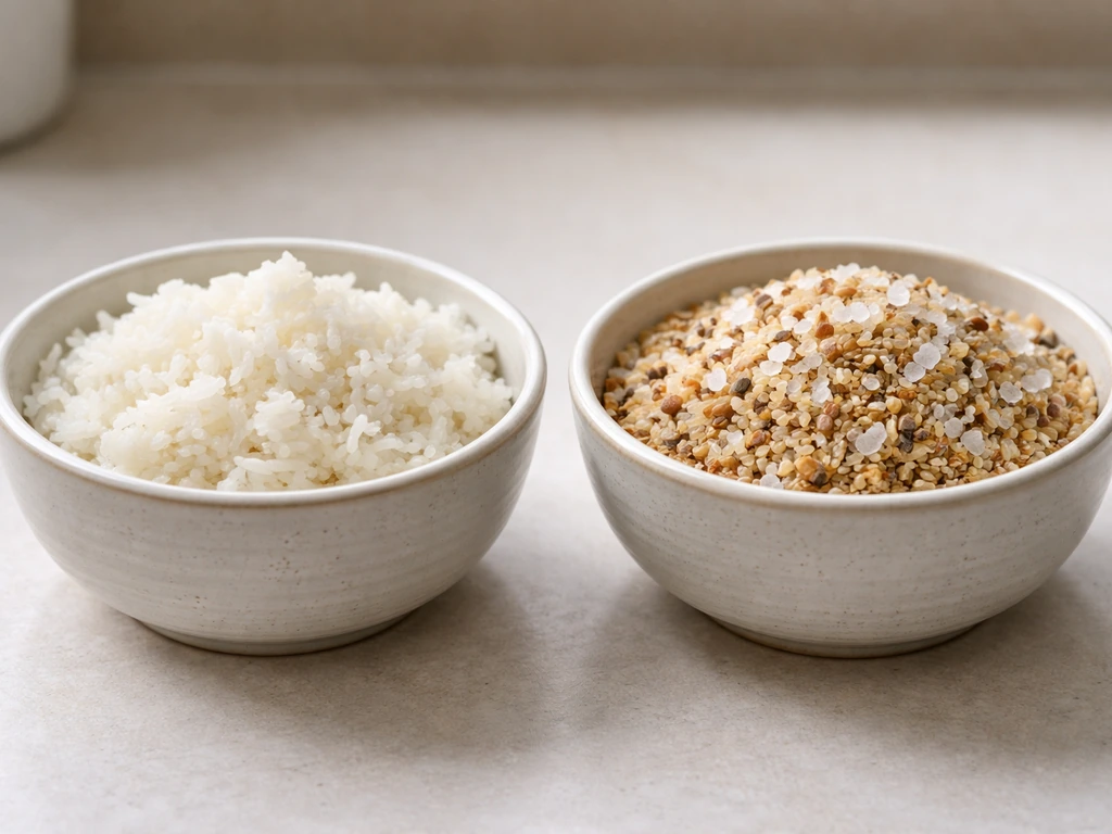 Two small bowls on a kitchen counter: cooked plain rice beside uncooked seasoned rice mix with flecks.