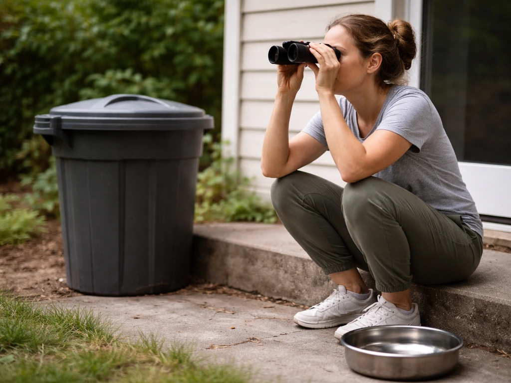 Caregiver watching birds with binoculars from a distance beside a trash bin and clean water dish.