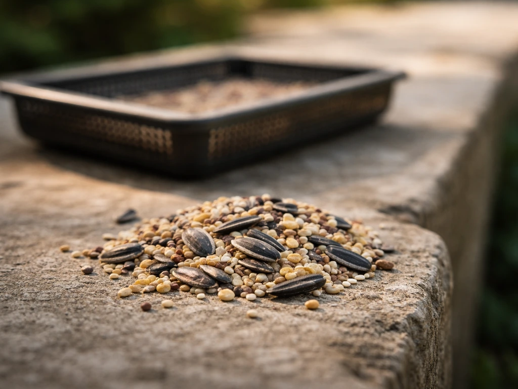 Close-up of plain bird seed mix beside a simple bird feeder tray in soft natural light.
