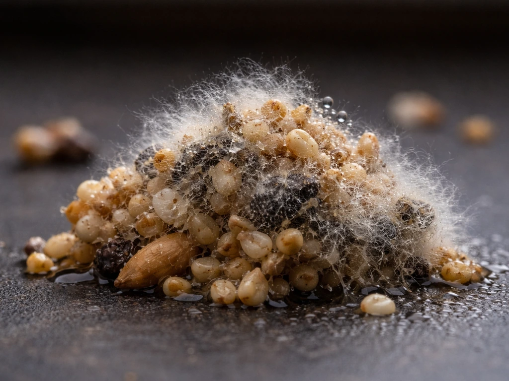 Close-up of damp, clumped seed with fuzzy mold growth and moisture stains.
