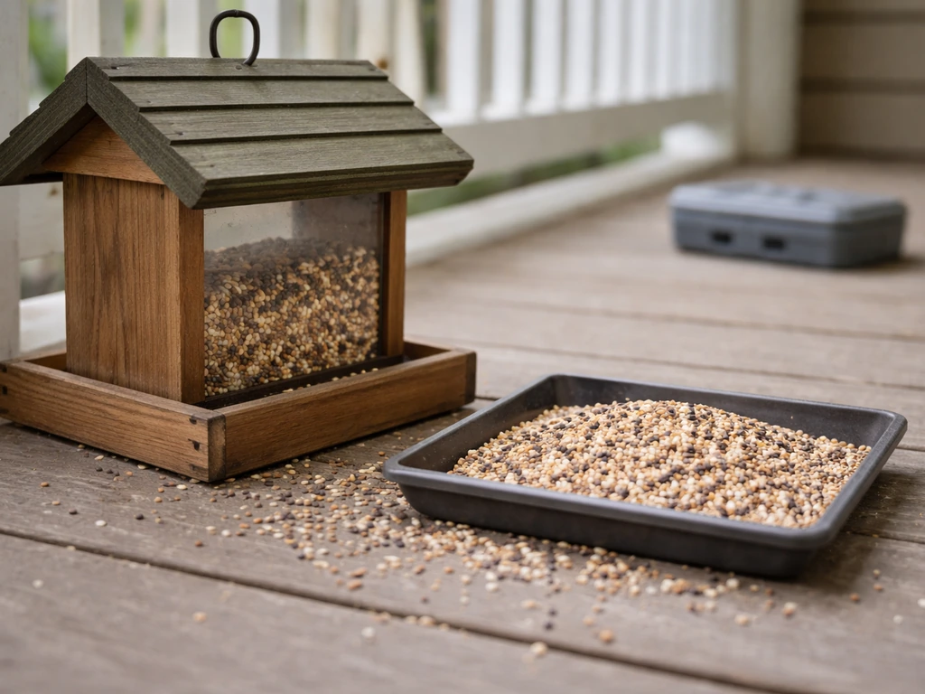 Bird feeder on a porch with small rodent bait container placed on the ground nearby