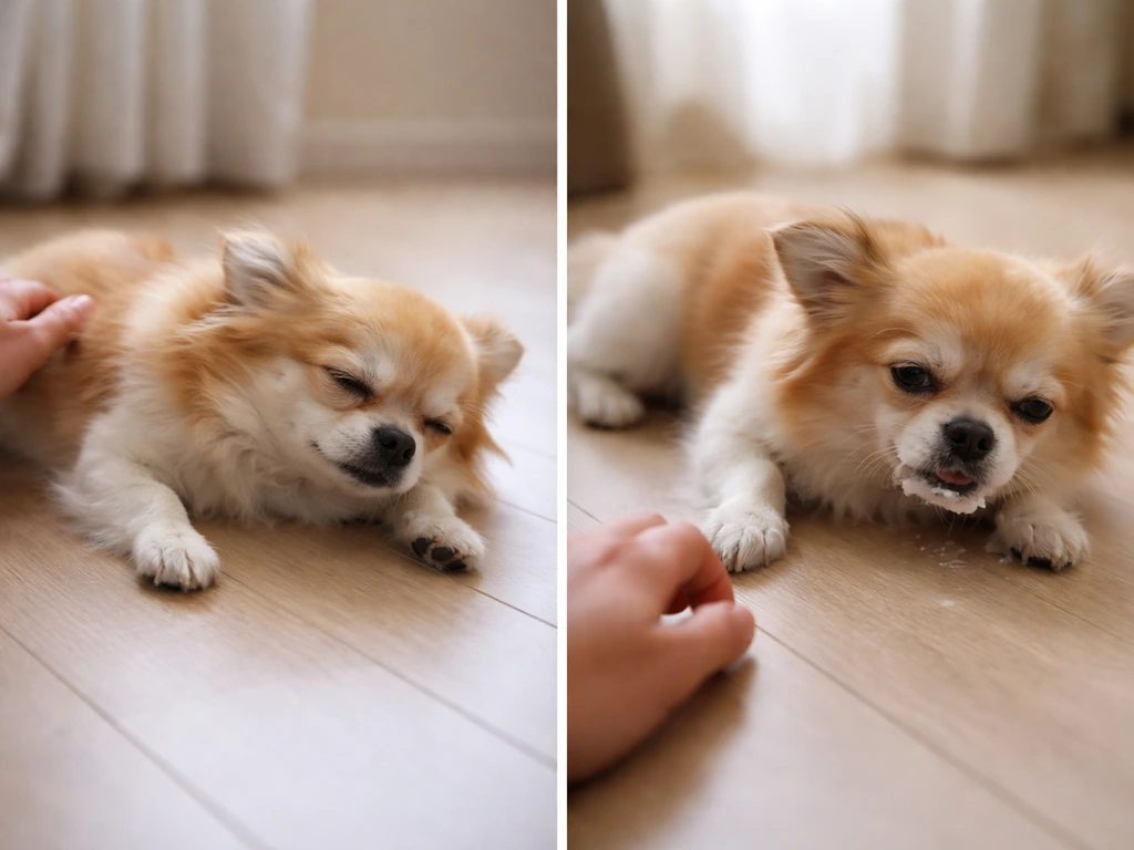 Two safe, non-graphic photo panels showing a dog with seizure-like tremors versus mouth froth/possible choking
